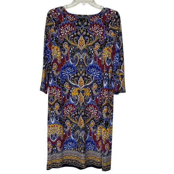 Talbots Dress M Paisley Floral Stretch Knit Multicolor Boho 3/4 Sleeve - Picture 1 of 7
